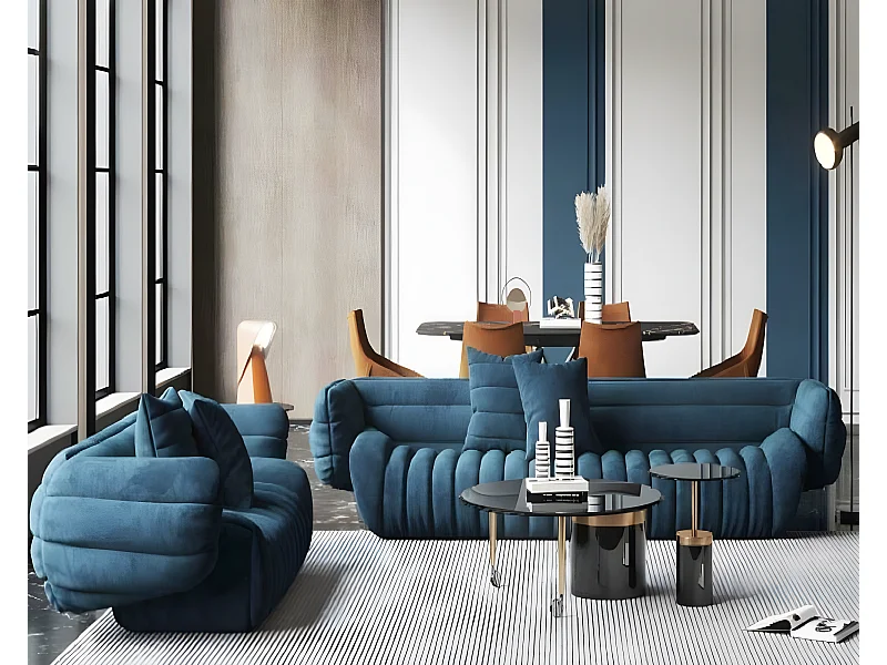 Blaue Sofagarnitur 3+2 Große Wohnlandschaft Set Neu