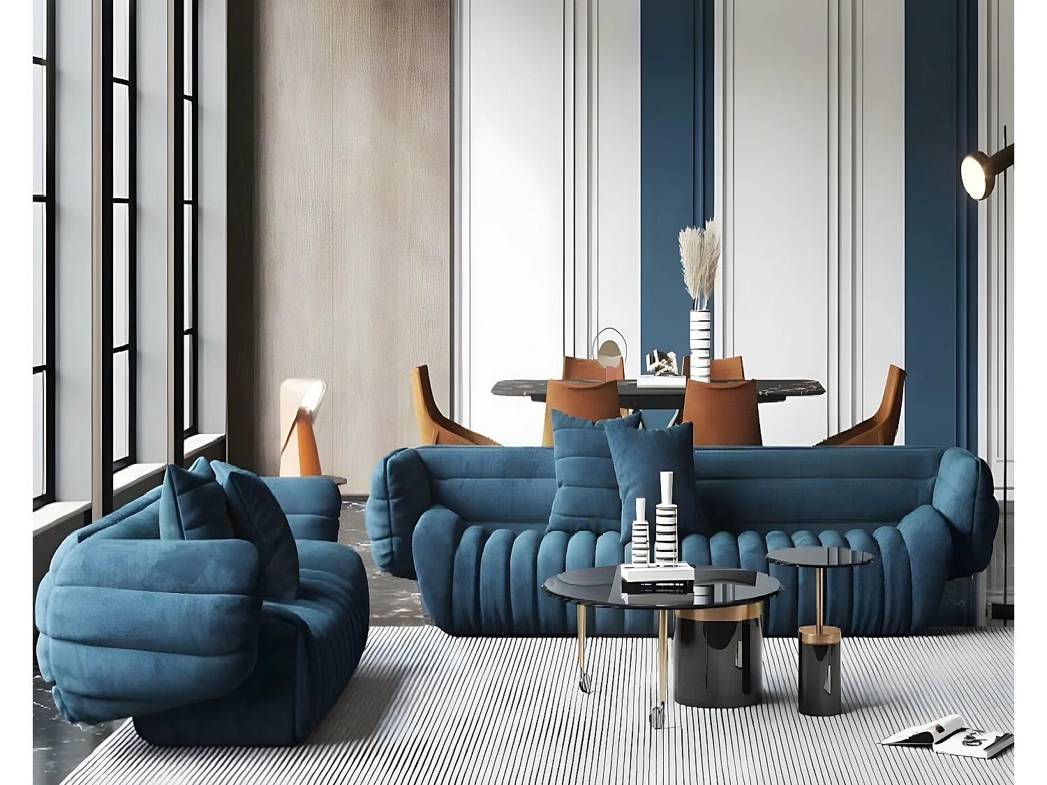 Blaue Sofagarnitur 3+2 Große Wohnlandschaft Set Neu