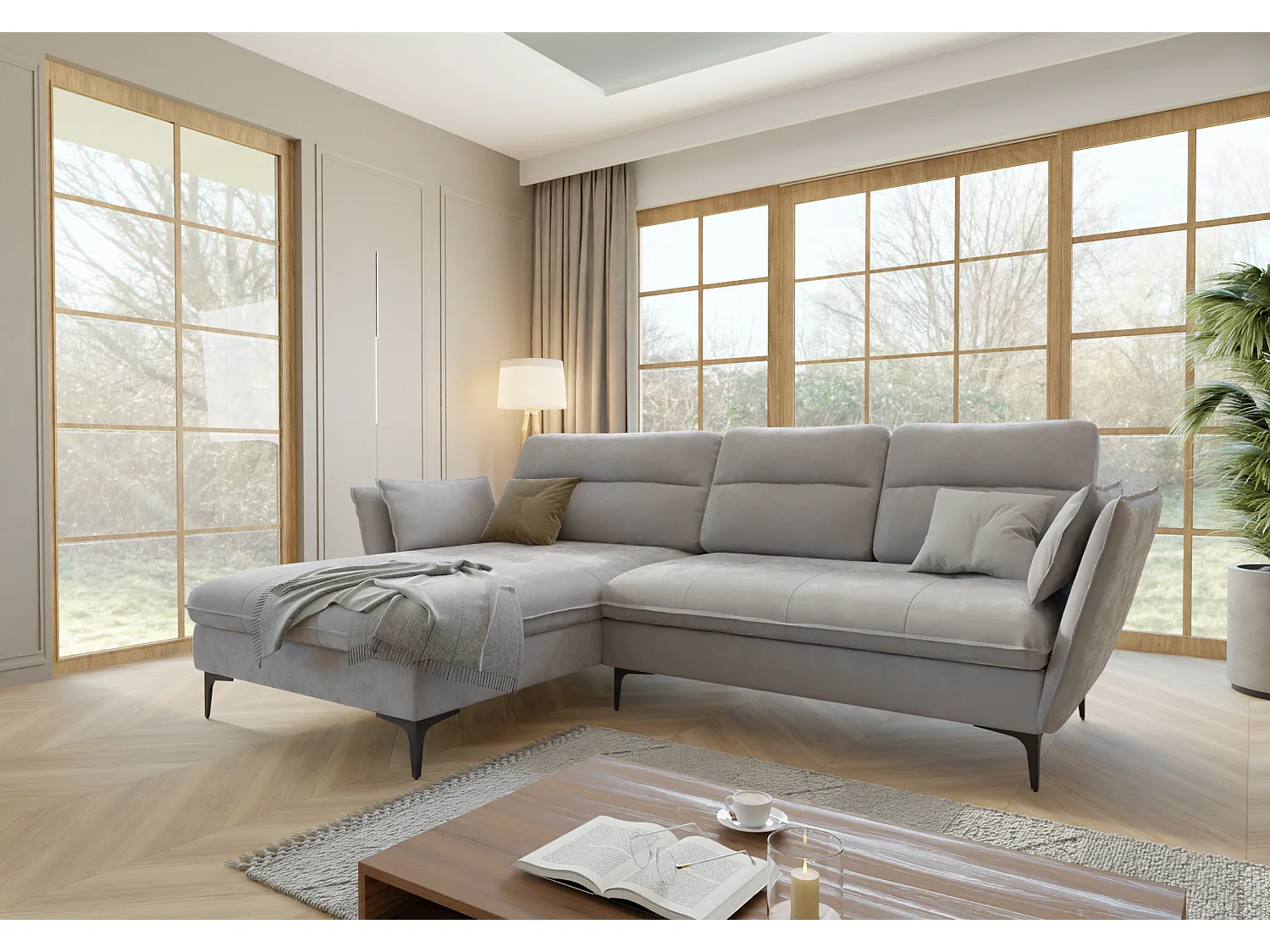 Canapé d’angle avec fonction lit et coffre de rangement, en tissu velours Christa