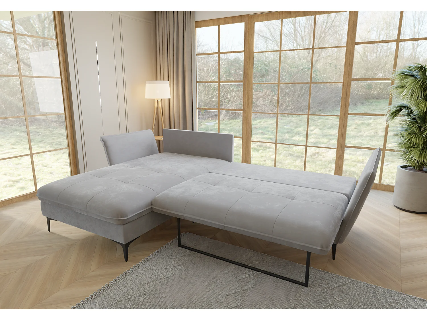 Canapé d’angle avec fonction lit et coffre de rangement, en tissu velours Christa