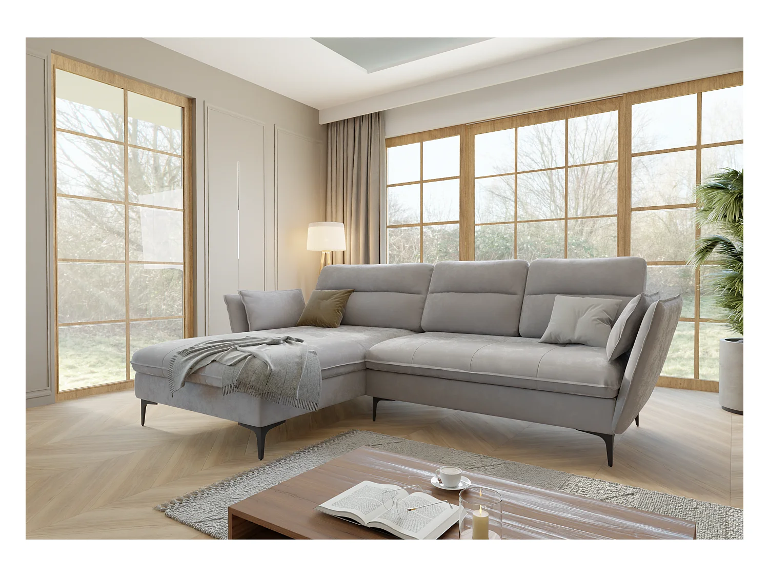 Canapé d’angle avec fonction lit et coffre de rangement, en tissu velours Christa