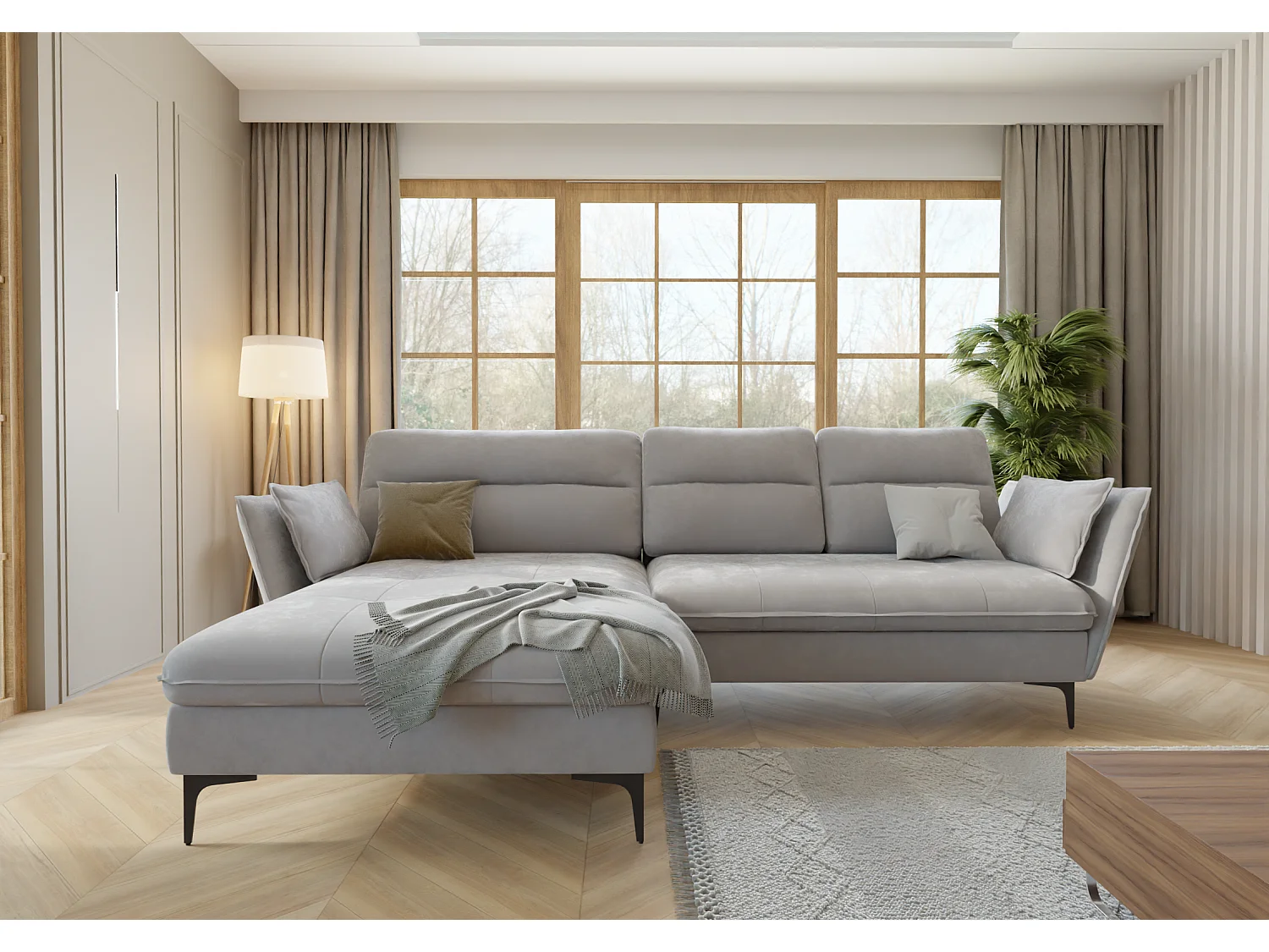 Christa Ecksofa mit Bettfunktion und Bettkasten aus Samt-Stoff mit hohen schwarzen Metallfüßen