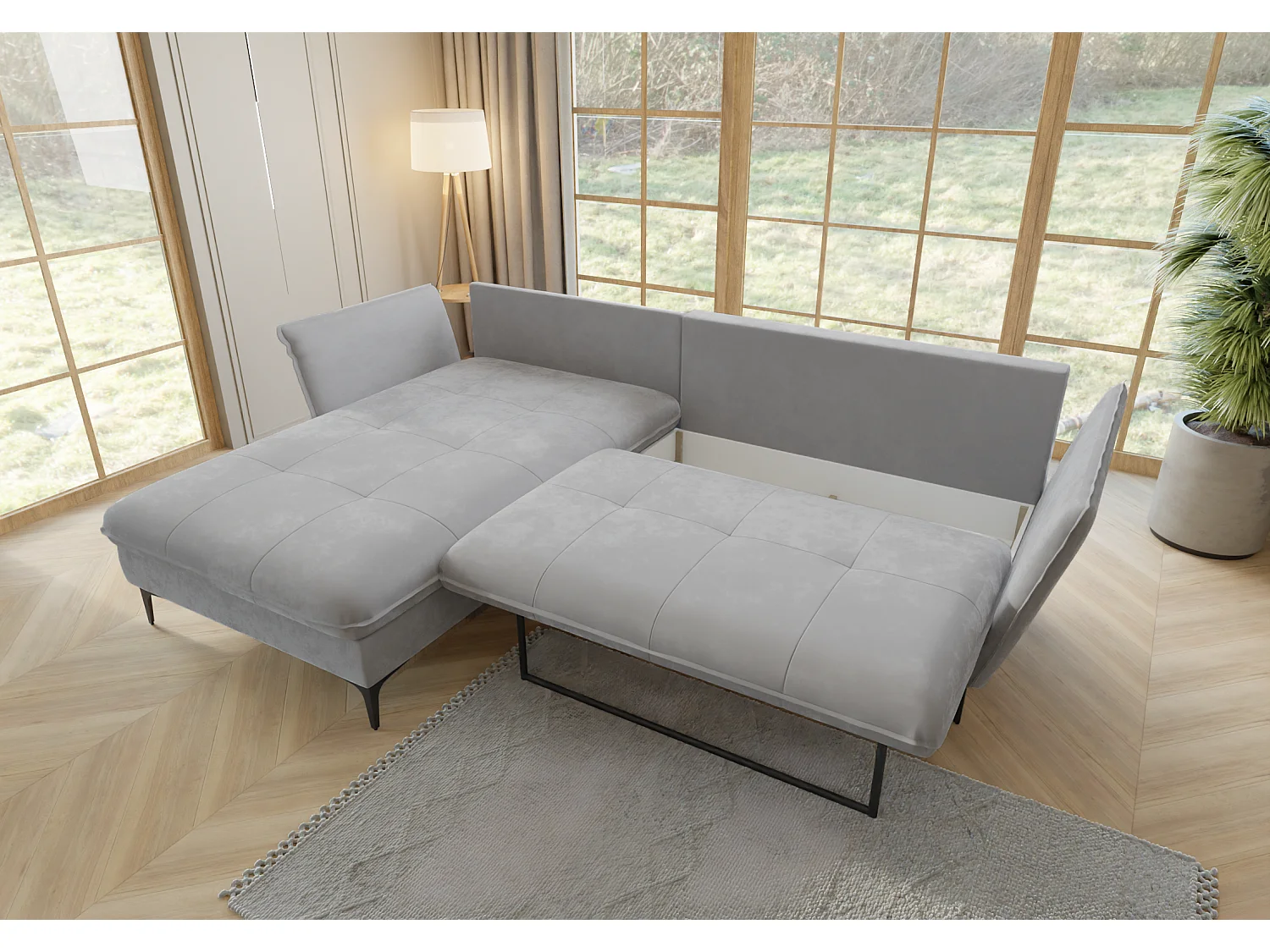 Christa Ecksofa mit Bettfunktion und Bettkasten aus Samt-Stoff mit hohen schwarzen Metallfüßen