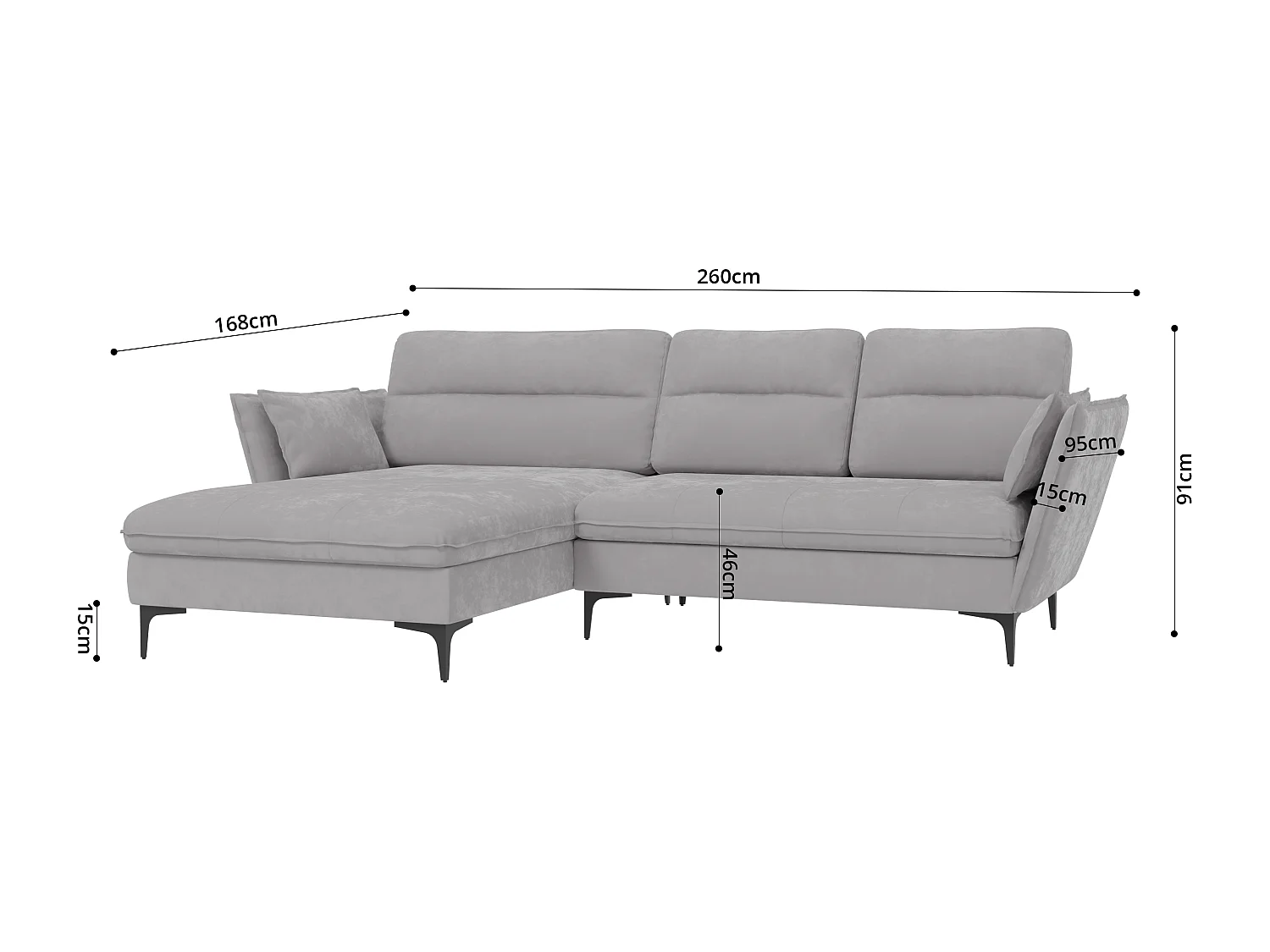Christa Ecksofa mit Bettfunktion und Bettkasten aus Samt-Stoff mit hohen schwarzen Metallfüßen