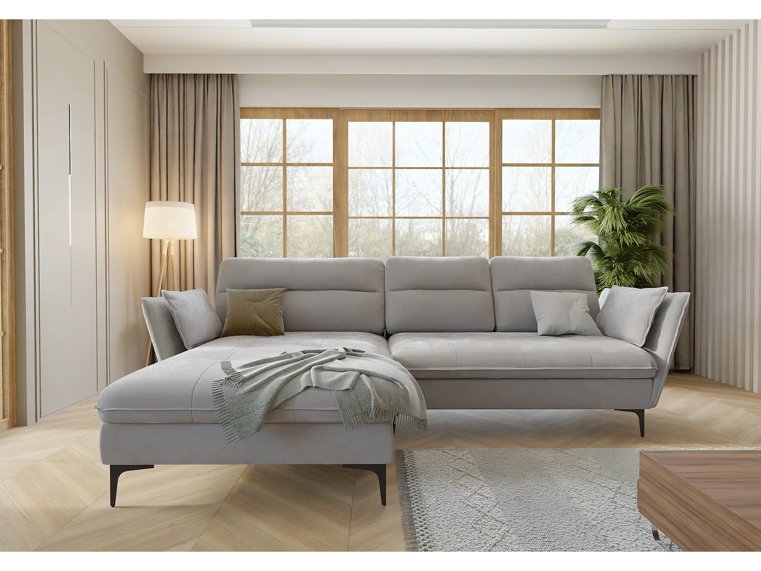 Canapé d’angle avec fonction lit et coffre de rangement, en tissu velours Christa