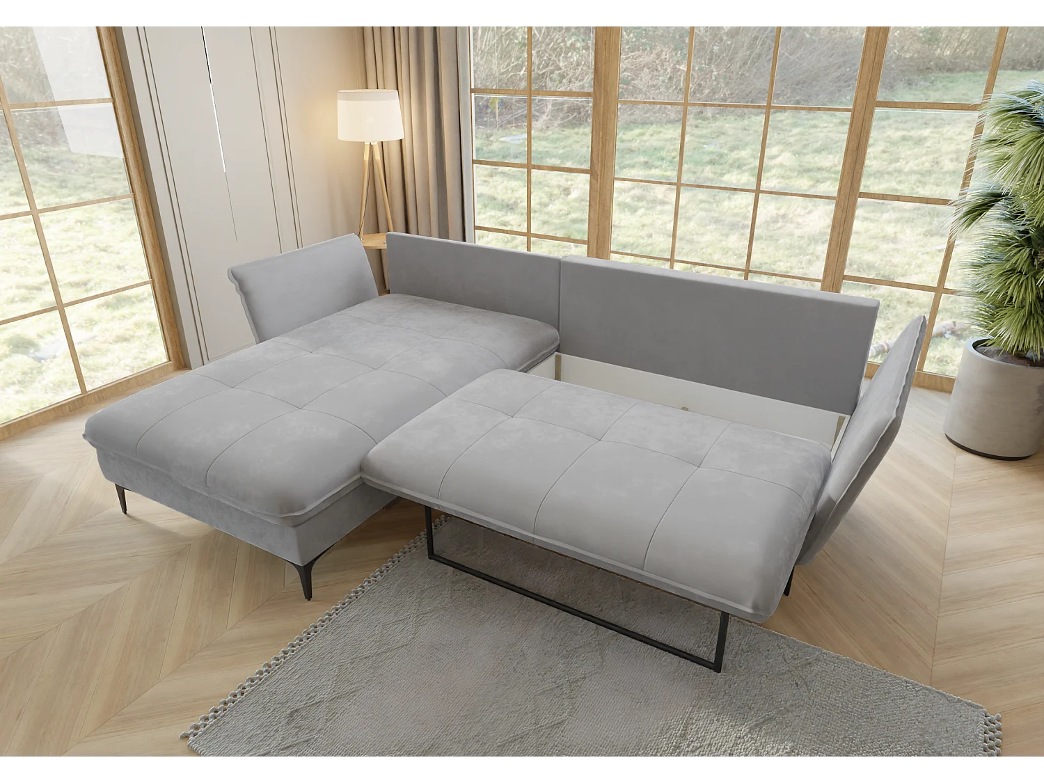 Canapé d’angle avec fonction lit et coffre de rangement, en tissu velours Christa