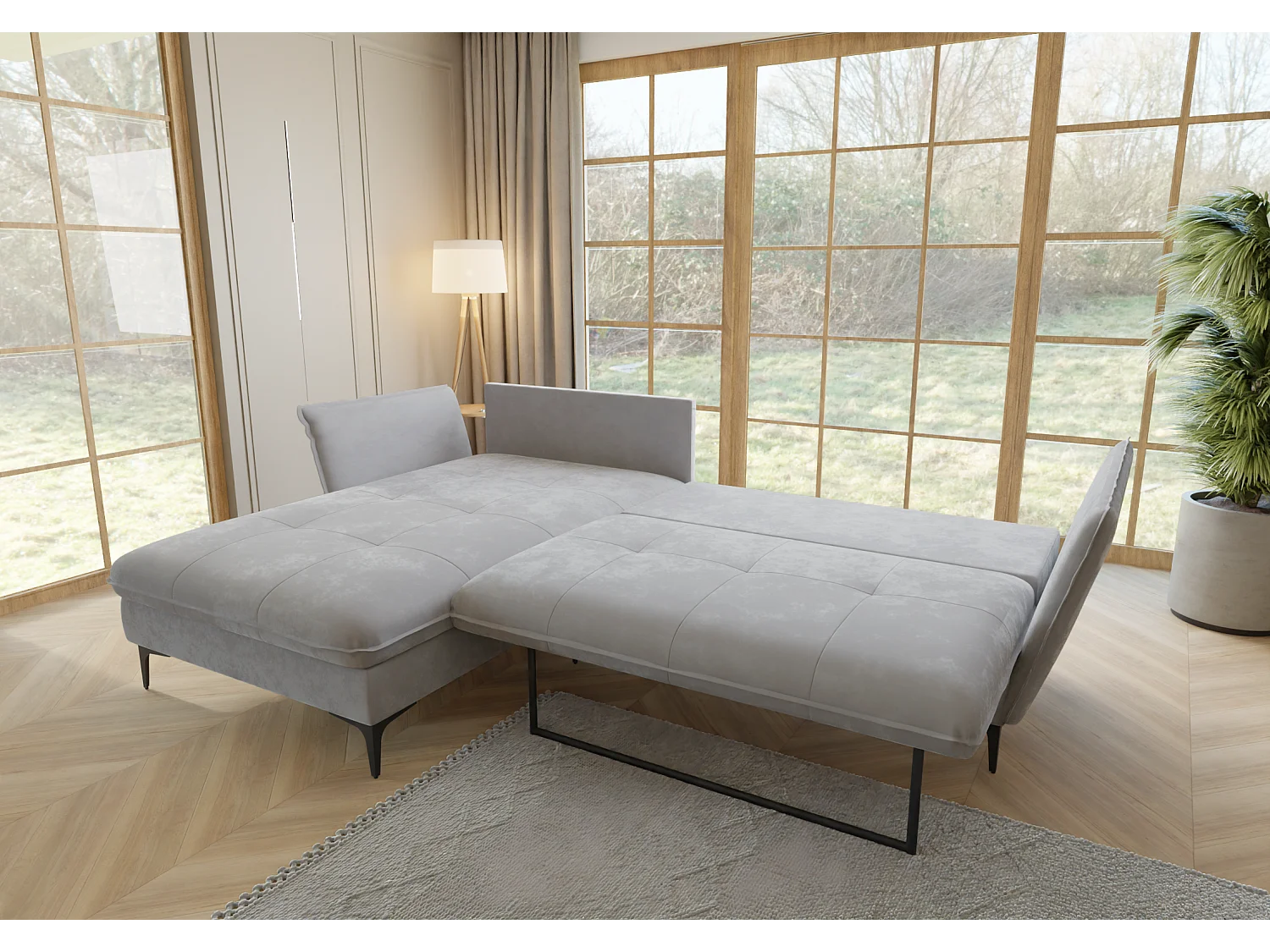 Canapé d’angle avec fonction lit et coffre de rangement, en tissu velours Christa