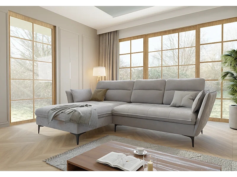 Canapé d’angle avec fonction lit et coffre de rangement, en tissu velours Christa