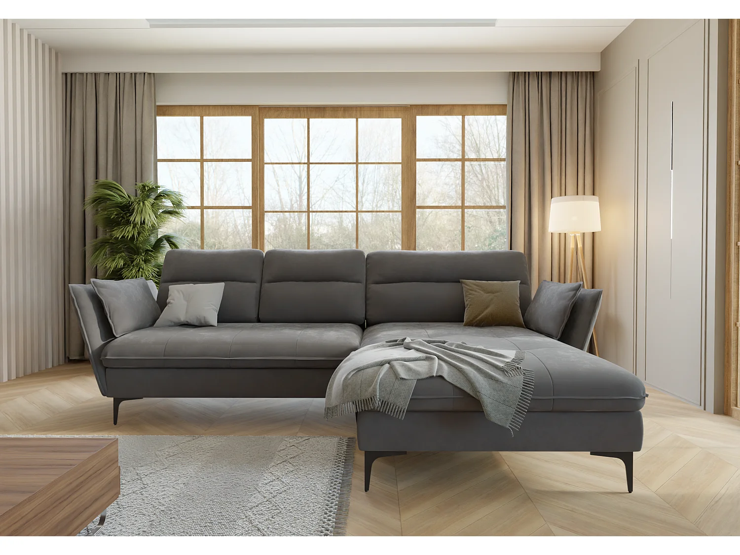 Christa Ecksofa mit Bettfunktion und Bettkasten aus Samt-Stoff mit hohen schwarzen Metallfüßen