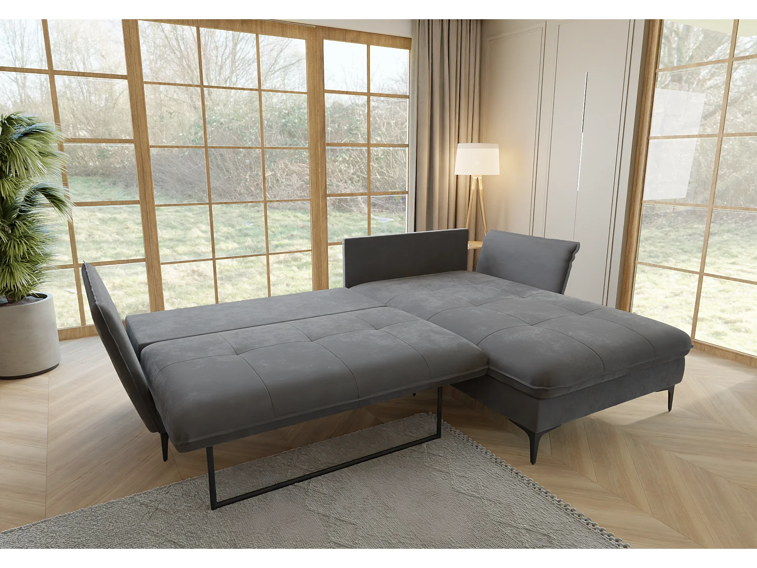 Christa Ecksofa mit Bettfunktion und Bettkasten aus Samt-Stoff mit hohen schwarzen Metallfüßen