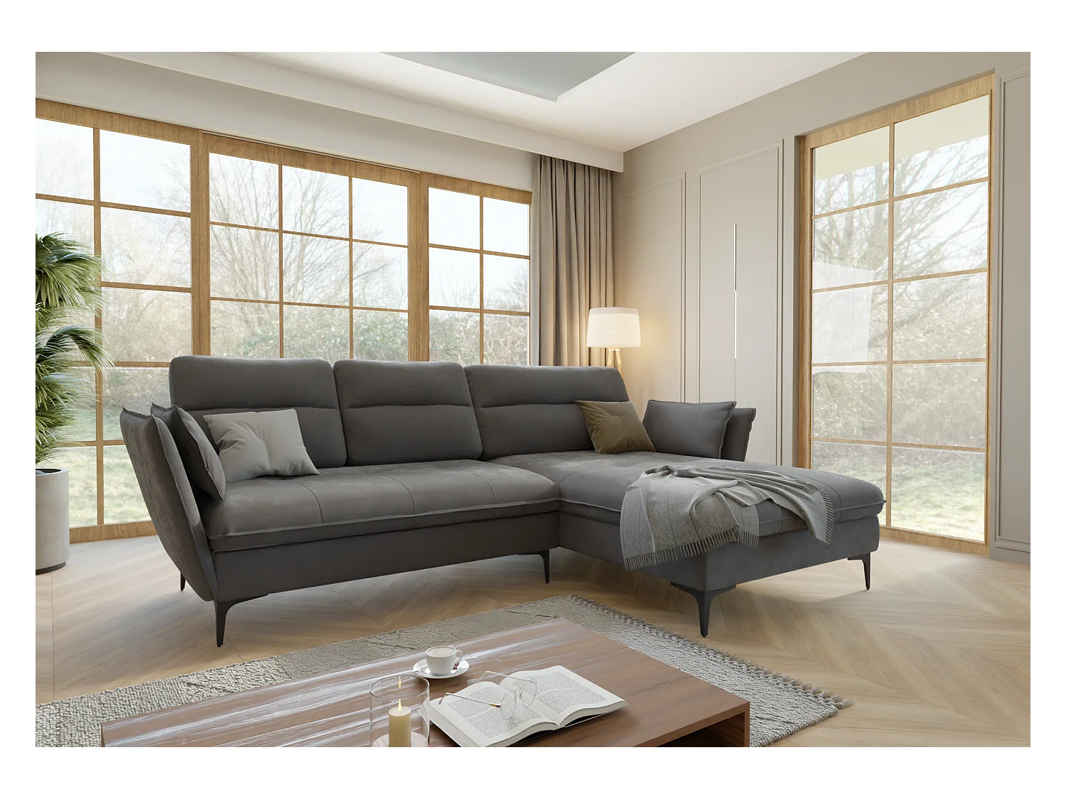 Canapé d’angle avec fonction lit et coffre de rangement, en tissu velours Christa
