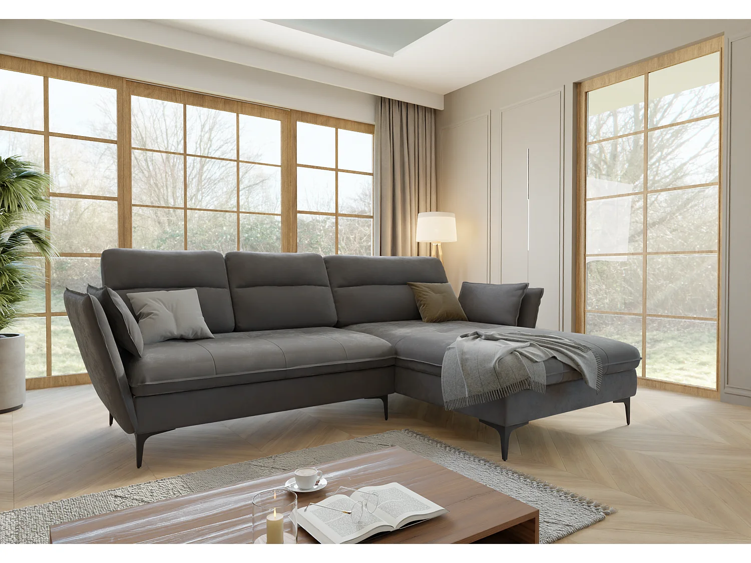 Christa Ecksofa mit Bettfunktion und Bettkasten aus Samt-Stoff mit hohen schwarzen Metallfüßen