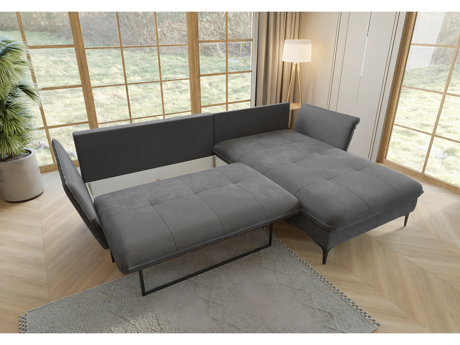 Christa Ecksofa mit Bettfunktion und Bettkasten aus Samt-Stoff mit hohen schwarzen Metallfüßen