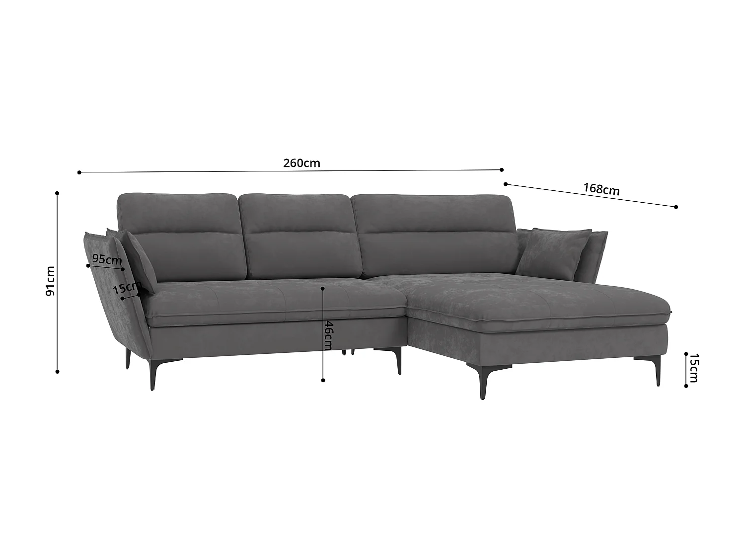Christa Ecksofa mit Bettfunktion und Bettkasten aus Samt-Stoff mit hohen schwarzen Metallfüßen