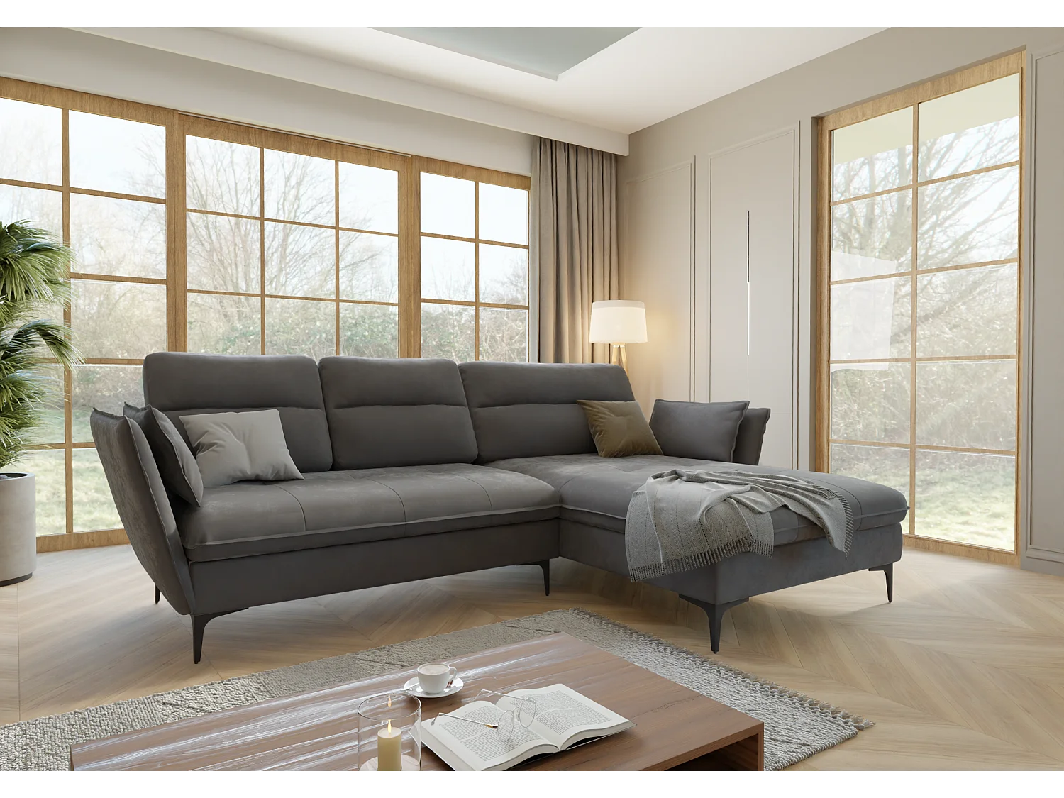 Christa Ecksofa mit Bettfunktion und Bettkasten aus Samt-Stoff mit hohen schwarzen Metallfüßen