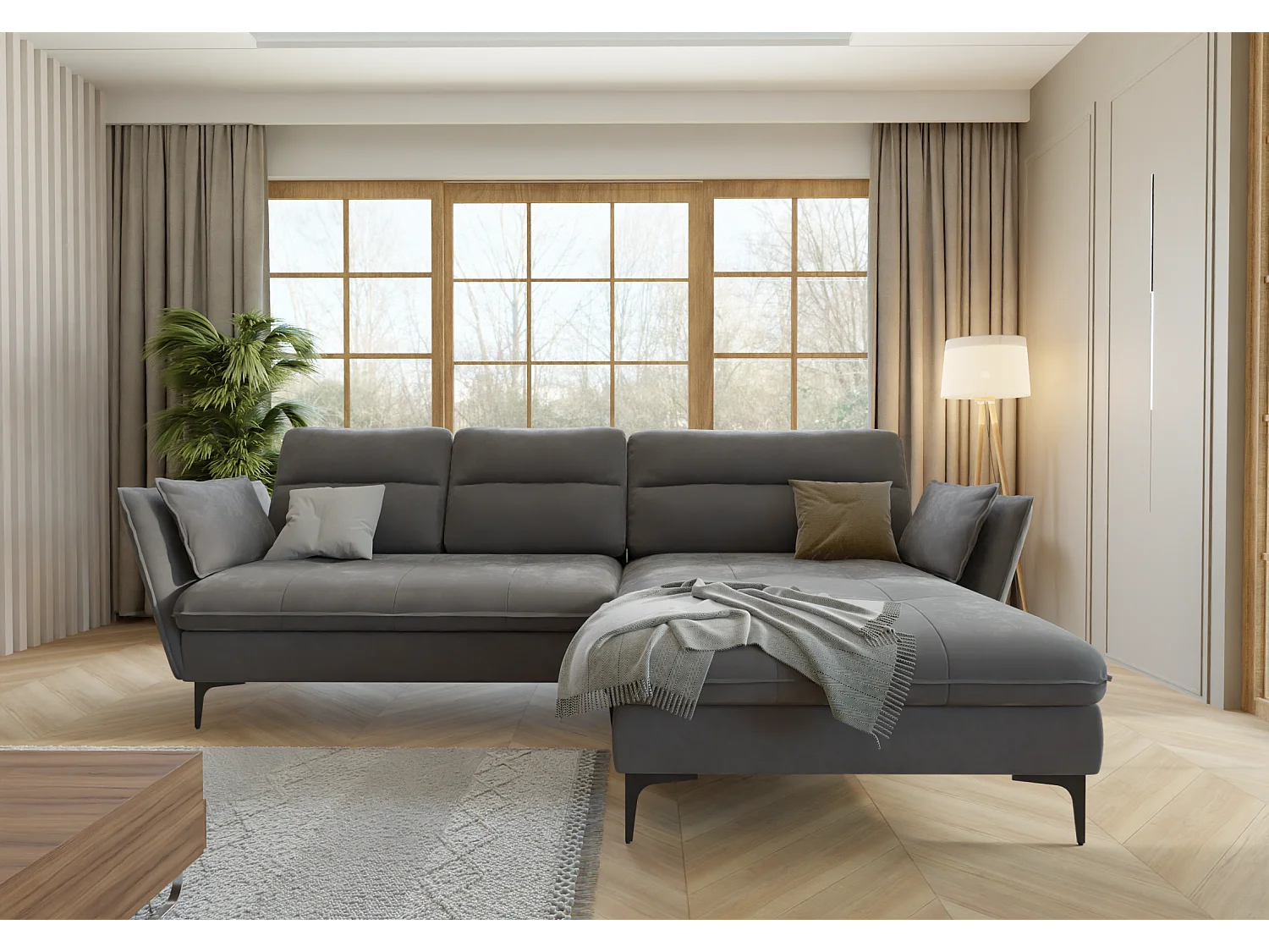 Christa Ecksofa mit Bettfunktion und Bettkasten aus Samt-Stoff mit hohen schwarzen Metallfüßen