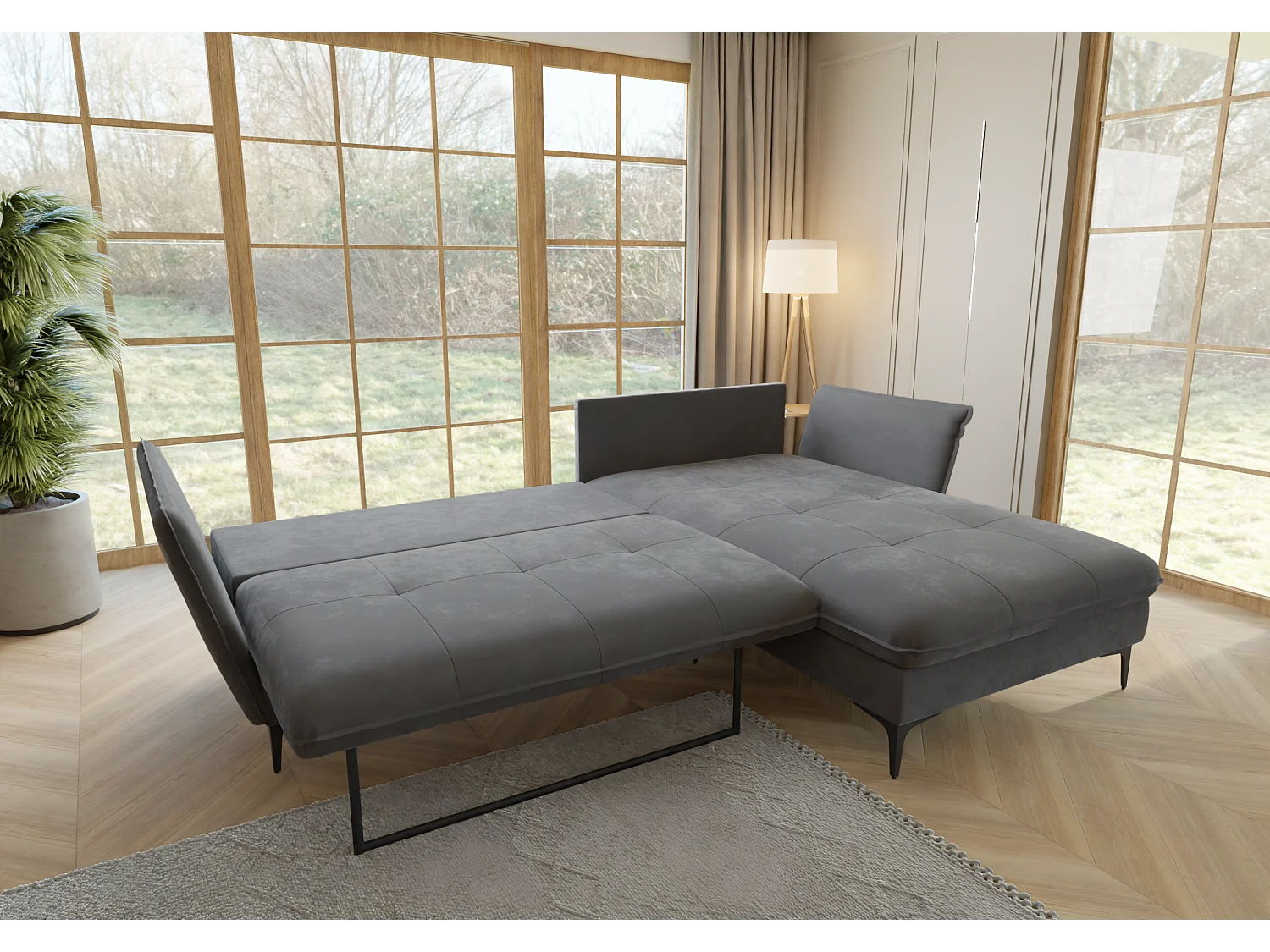 Christa Ecksofa mit Bettfunktion und Bettkasten aus Samt-Stoff mit hohen schwarzen Metallfüßen