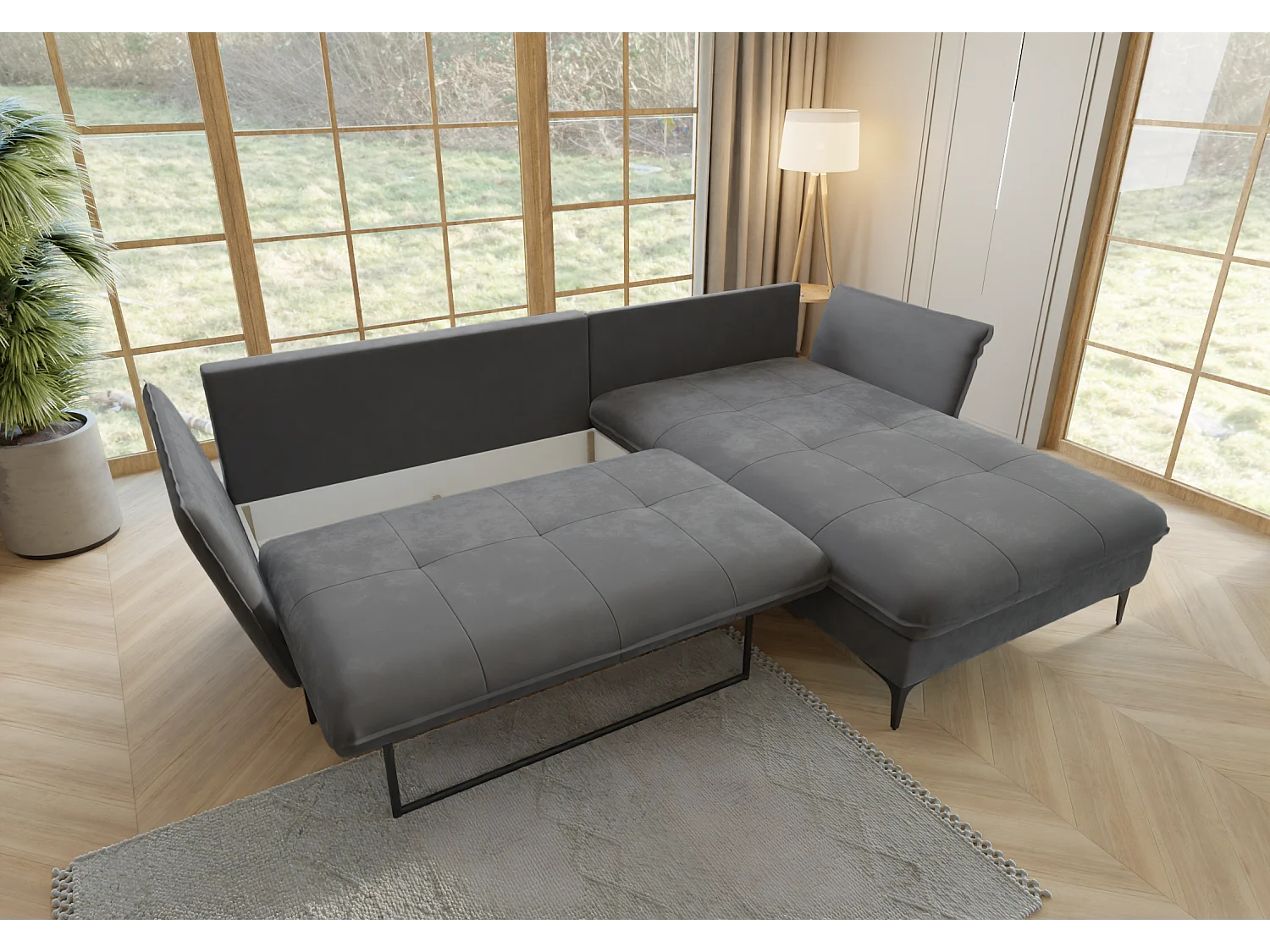 Christa Ecksofa mit Bettfunktion und Bettkasten aus Samt-Stoff mit hohen schwarzen Metallfüßen