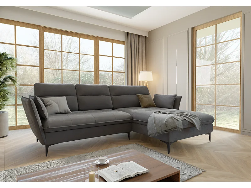 Canapé d’angle avec fonction lit et coffre de rangement, en tissu velours Christa