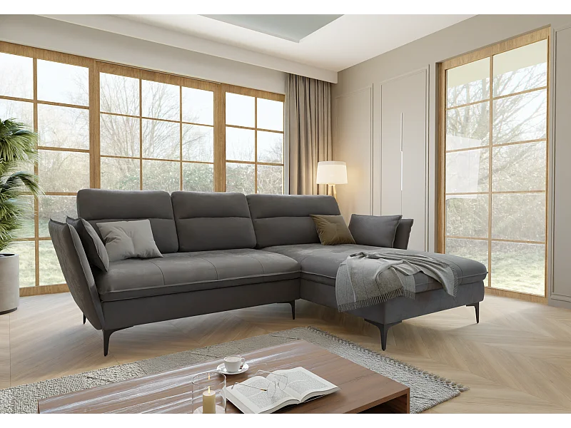 Canapé d’angle avec fonction lit et coffre de rangement, en tissu velours Christa