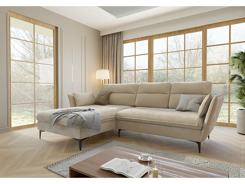 Christa Ecksofa mit Bettfunktion und Bettkasten aus Samt-Stoff mit hohen schwarzen Metallfüßen