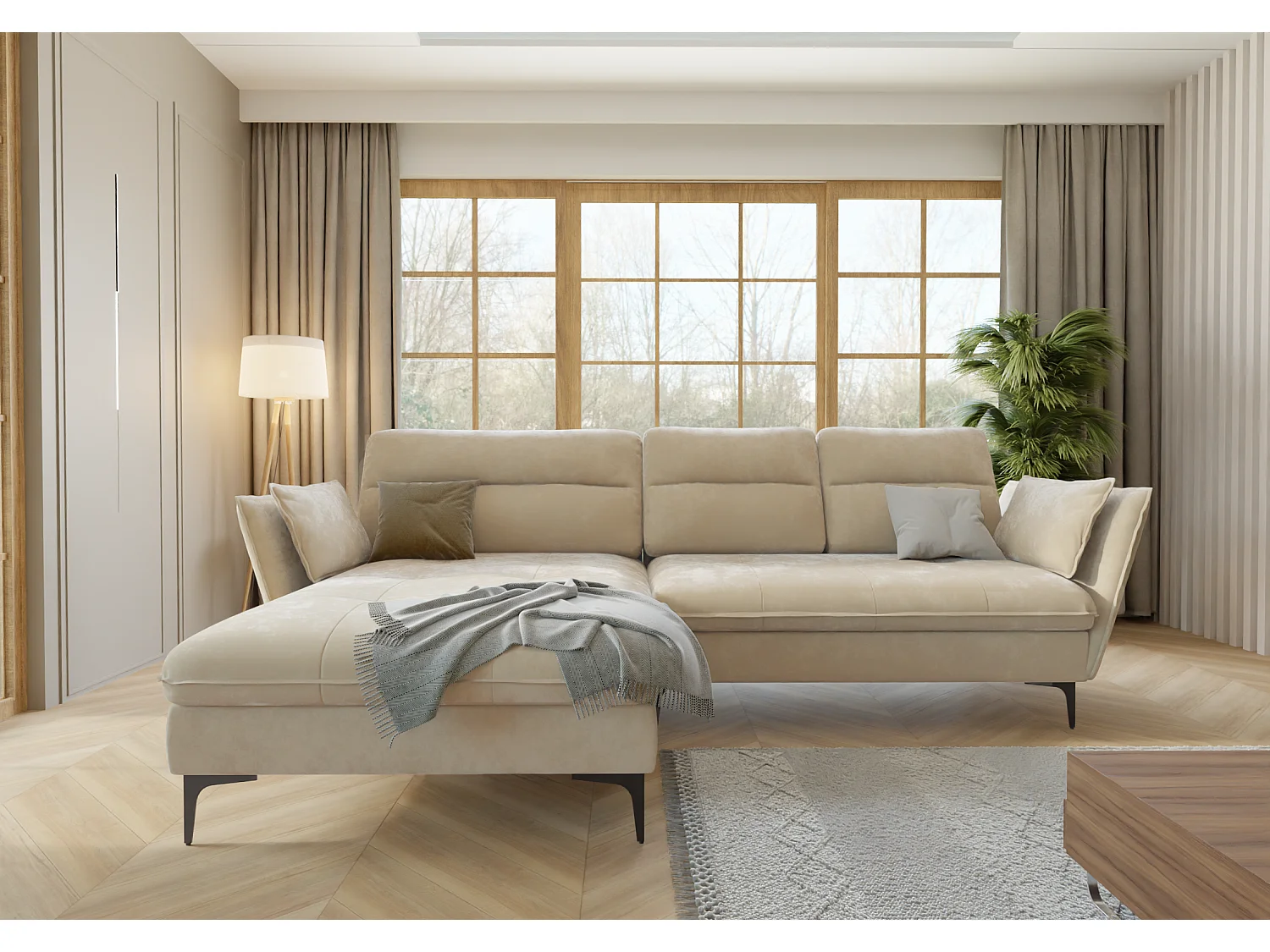 Christa Ecksofa mit Bettfunktion und Bettkasten aus Samt-Stoff mit hohen schwarzen Metallfüßen