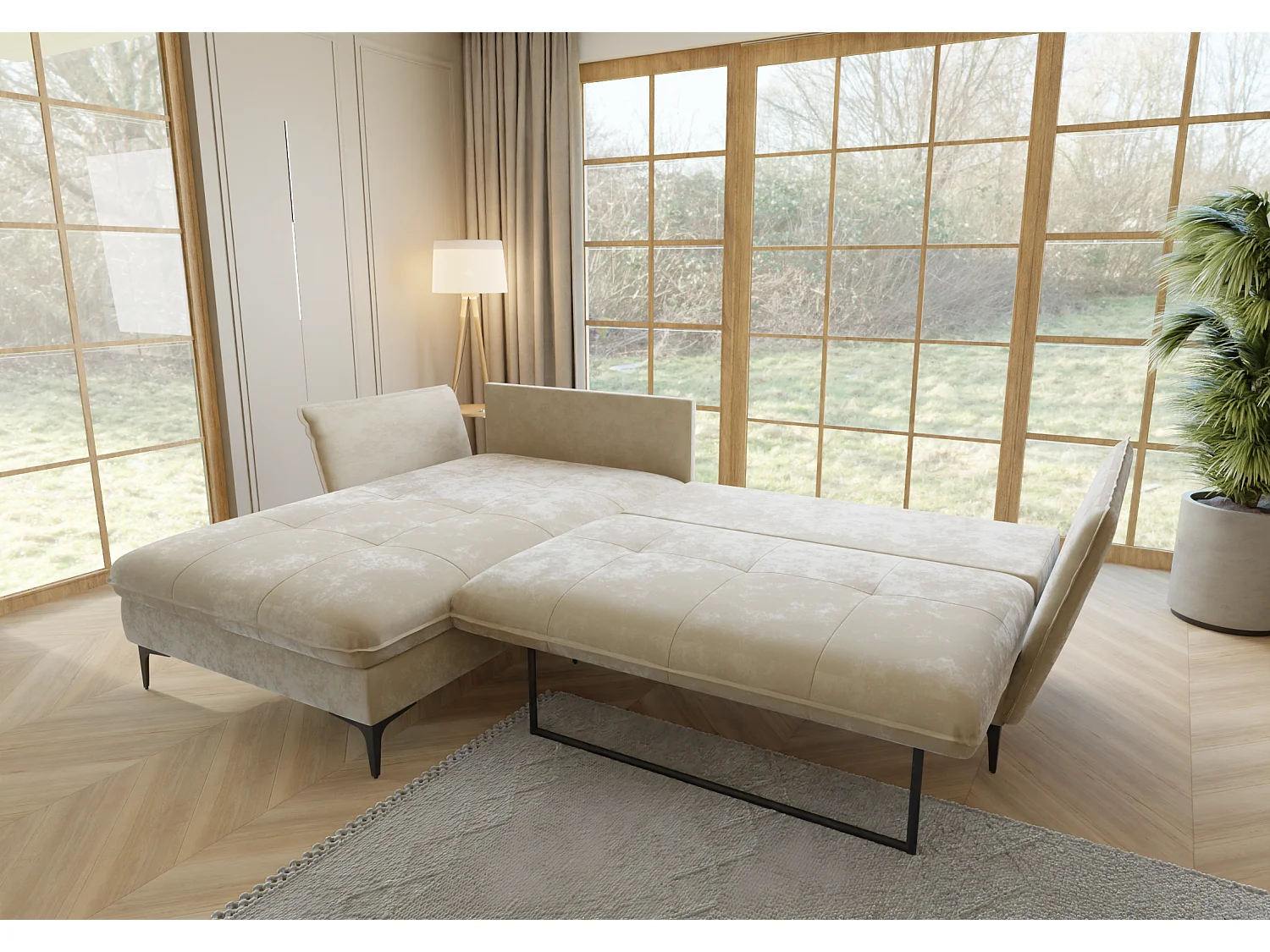 Christa Ecksofa mit Bettfunktion und Bettkasten aus Samt-Stoff mit hohen schwarzen Metallfüßen