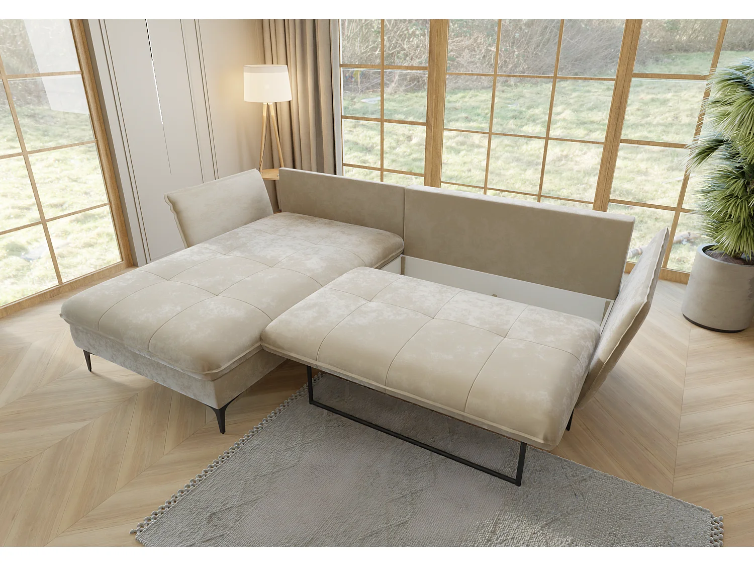 Christa Ecksofa mit Bettfunktion und Bettkasten aus Samt-Stoff mit hohen schwarzen Metallfüßen