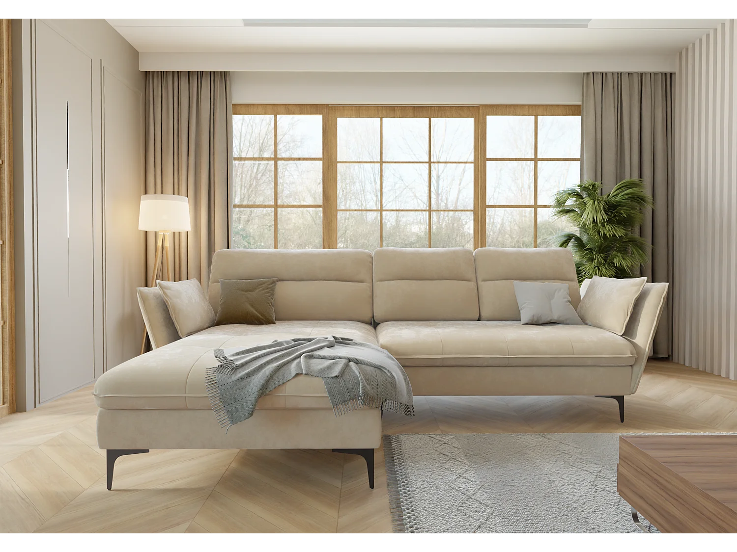 Canapé d’angle avec fonction lit et coffre de rangement, en tissu velours Christa