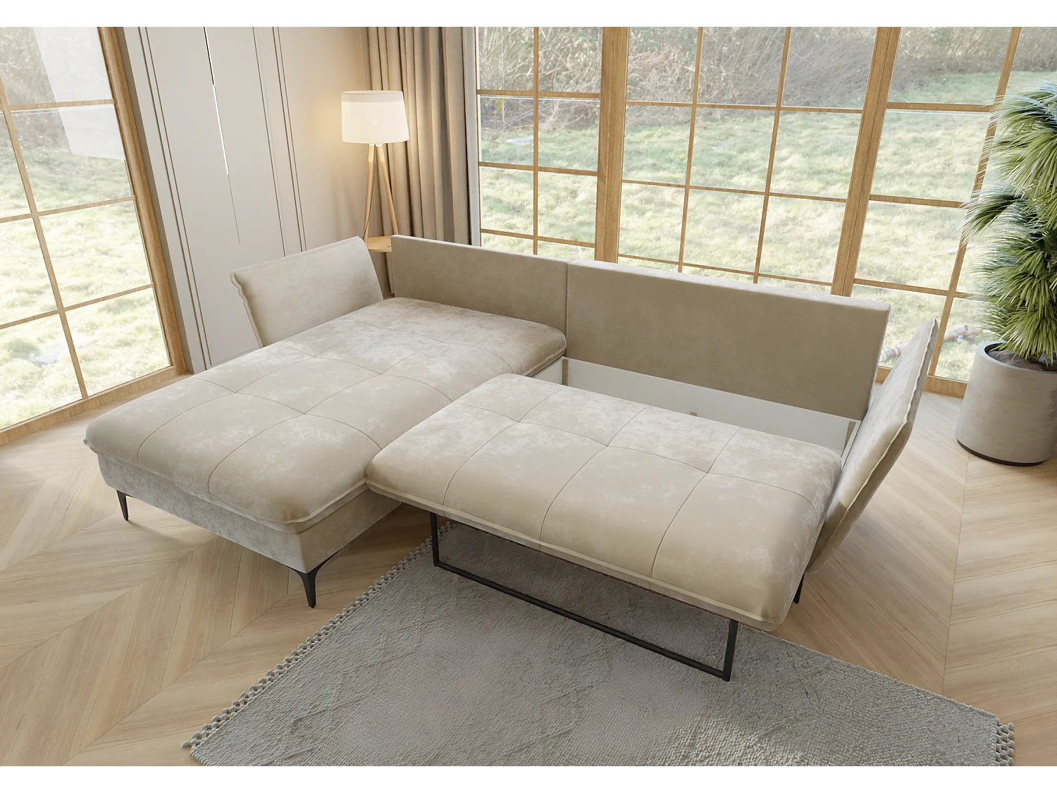 Canapé d’angle avec fonction lit et coffre de rangement, en tissu velours Christa