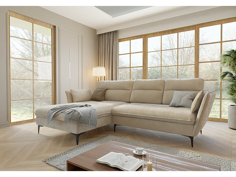 Canapé d’angle avec fonction lit et coffre de rangement, en tissu velours Christa