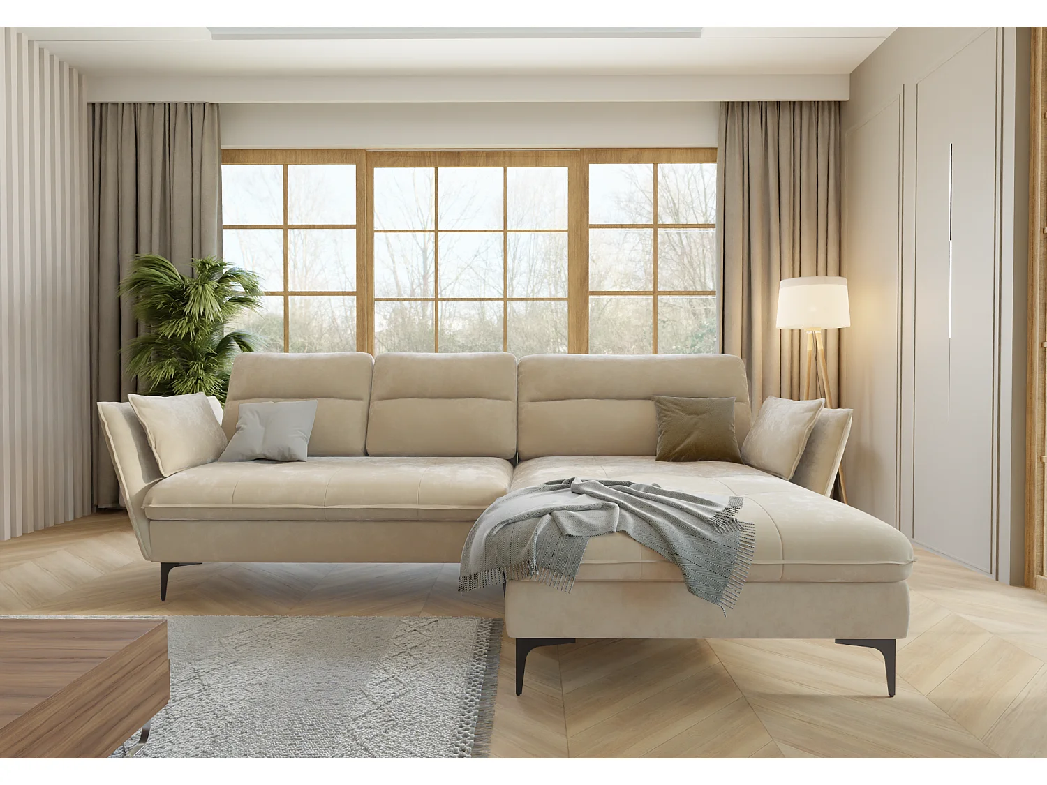 Christa Ecksofa mit Bettfunktion und Bettkasten aus Samt-Stoff mit hohen schwarzen Metallfüßen