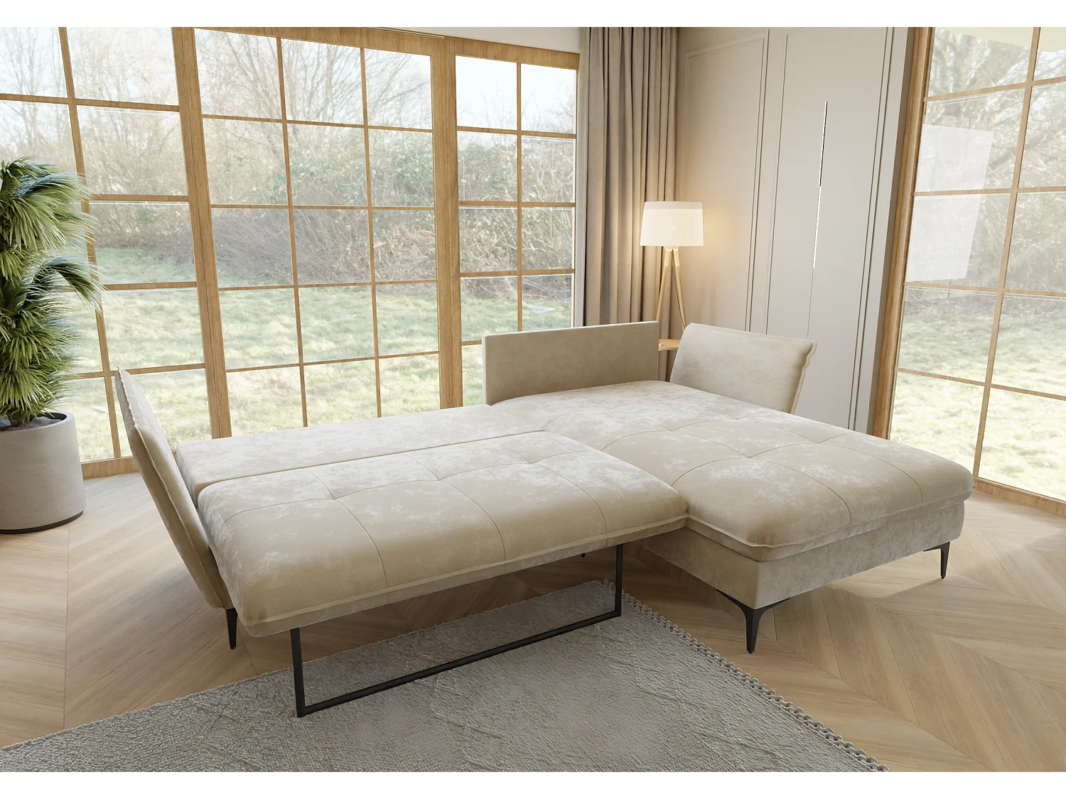 Christa Ecksofa mit Bettfunktion und Bettkasten aus Samt-Stoff mit hohen schwarzen Metallfüßen