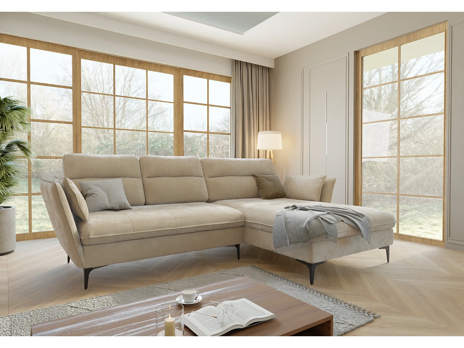 Christa Ecksofa mit Bettfunktion und Bettkasten aus Samt-Stoff mit hohen schwarzen Metallfüßen