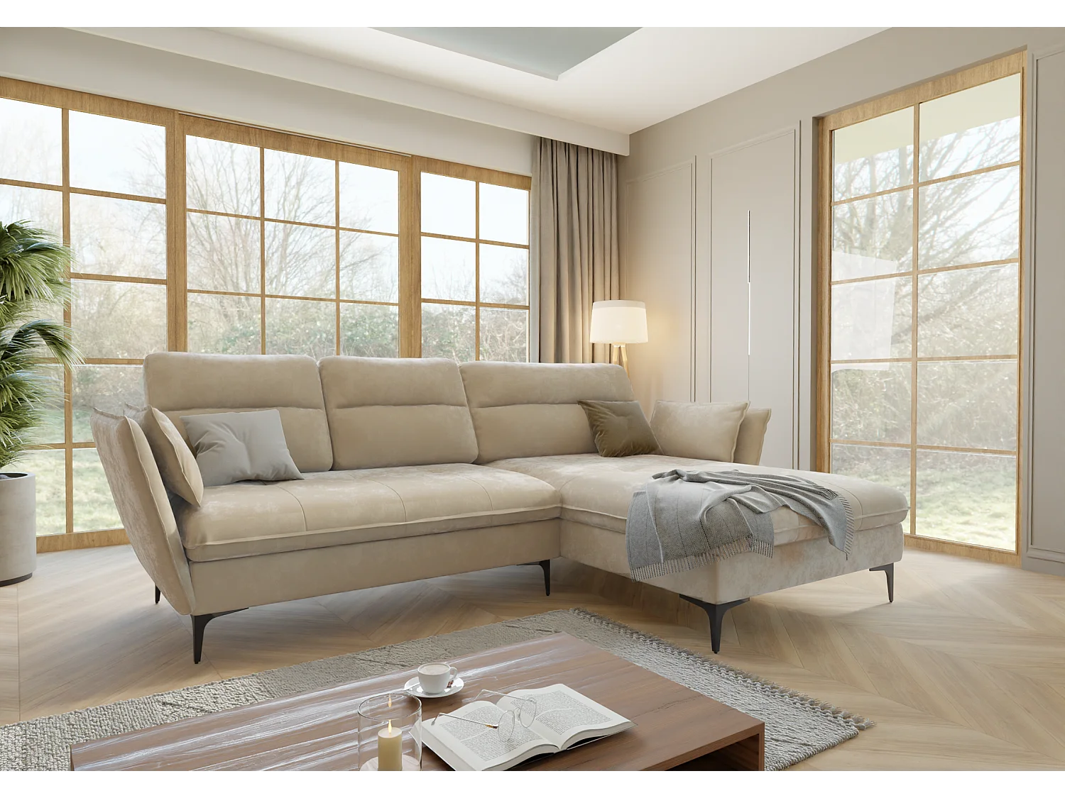 Christa Ecksofa mit Bettfunktion und Bettkasten aus Samt-Stoff mit hohen schwarzen Metallfüßen