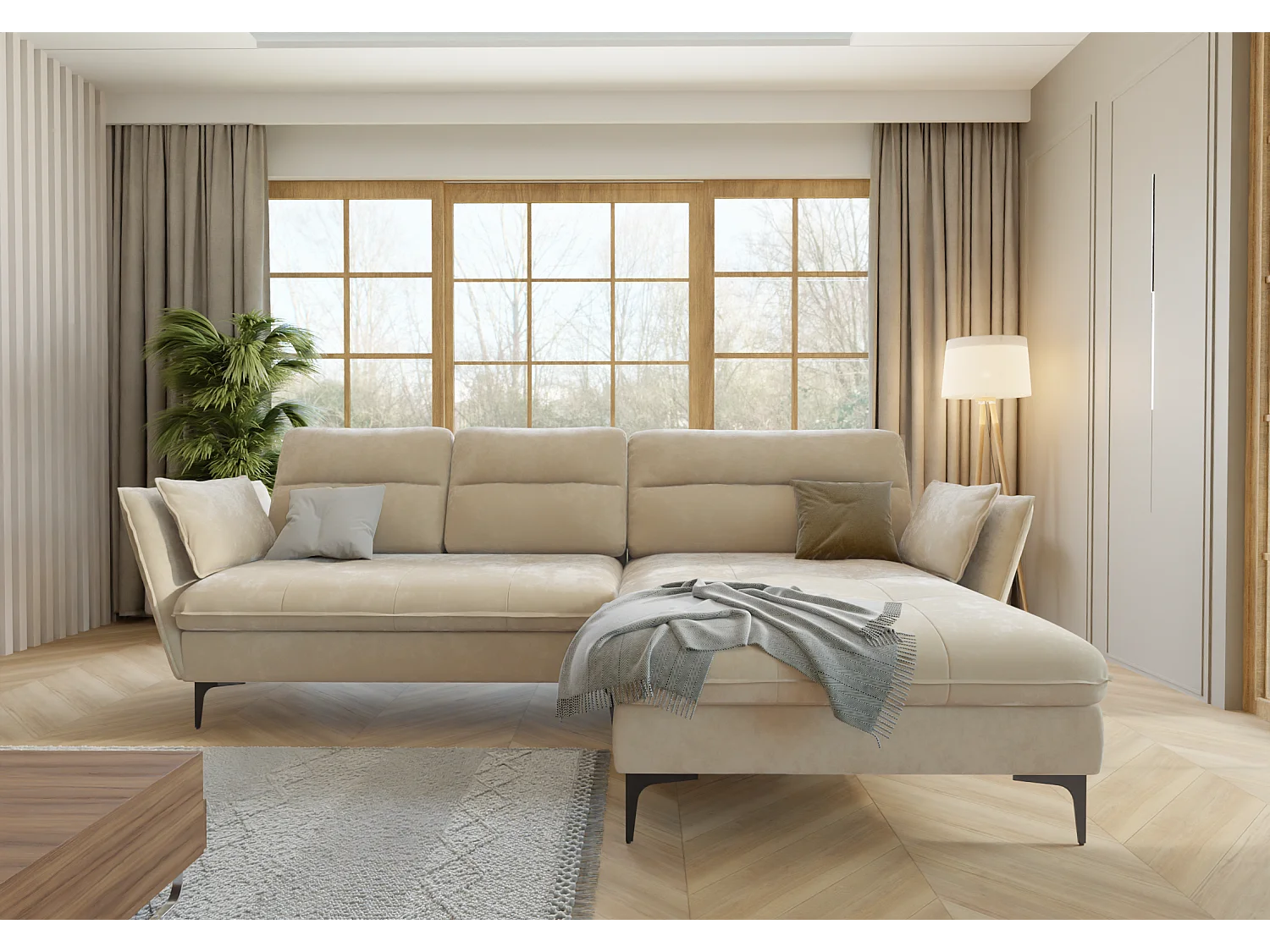 Christa Ecksofa mit Bettfunktion und Bettkasten aus Samt-Stoff mit hohen schwarzen Metallfüßen