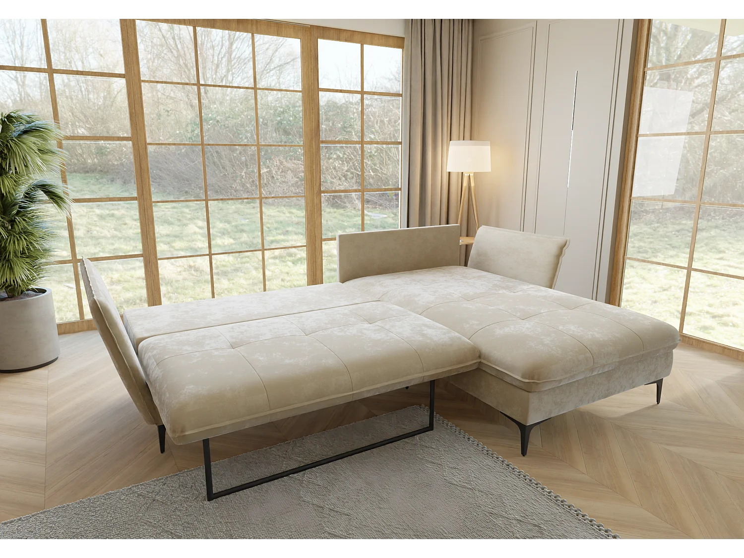 Christa Ecksofa mit Bettfunktion und Bettkasten aus Samt-Stoff mit hohen schwarzen Metallfüßen