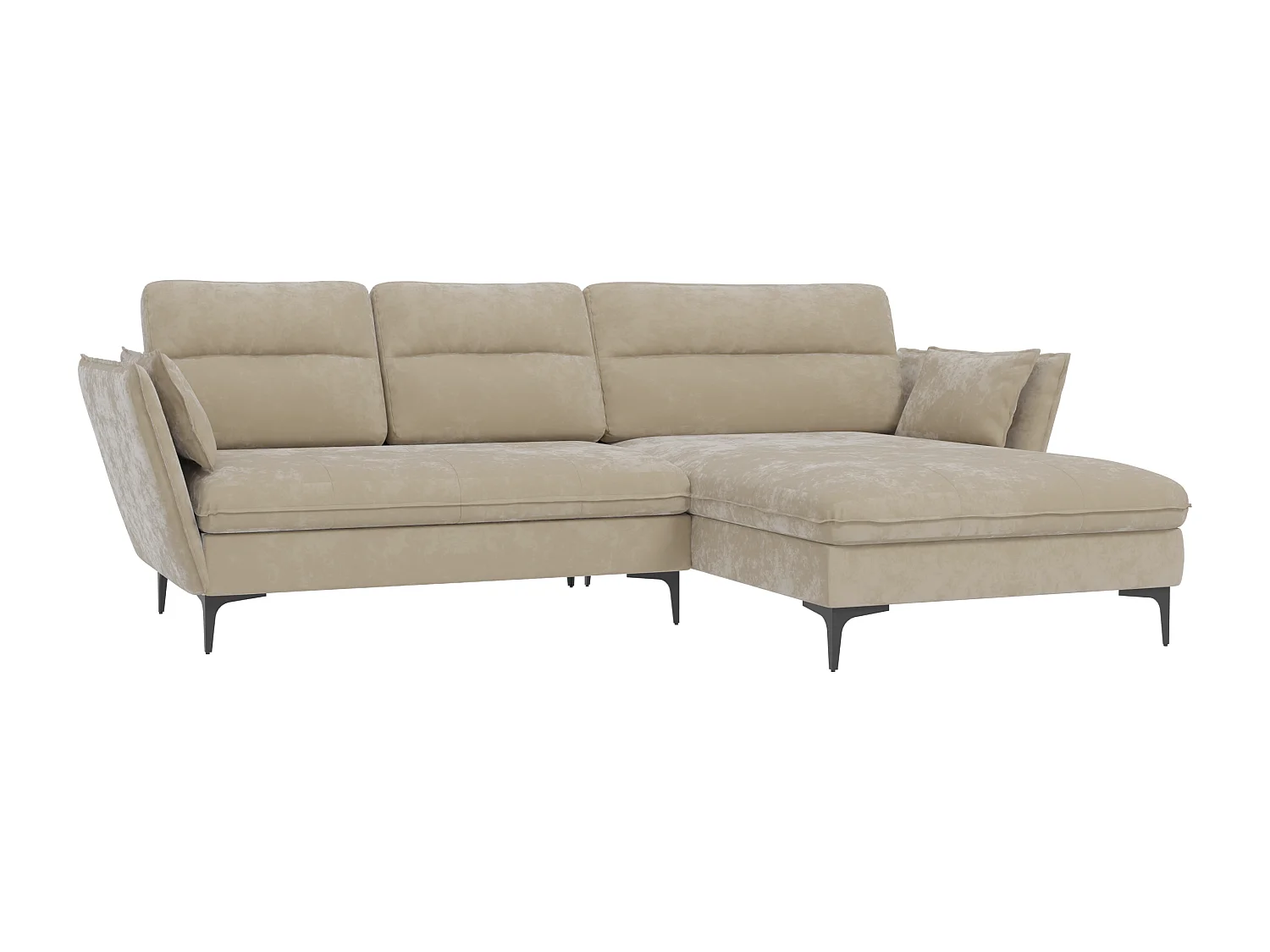 Christa Ecksofa mit Bettfunktion und Bettkasten aus Samt-Stoff mit hohen schwarzen Metallfüßen