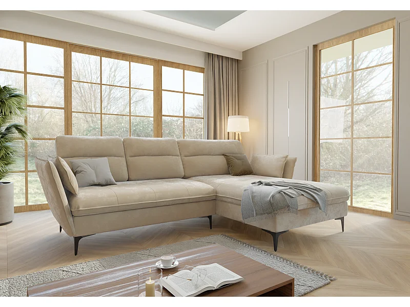 Canapé d’angle avec fonction lit et coffre de rangement, en tissu velours Christa