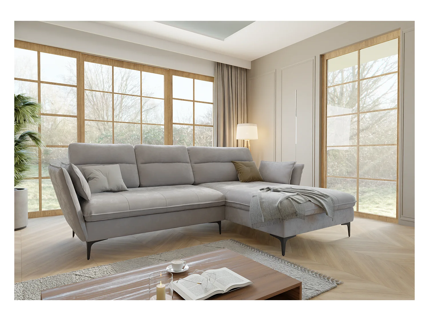 Canapé d’angle avec fonction lit et coffre de rangement, en tissu velours Christa