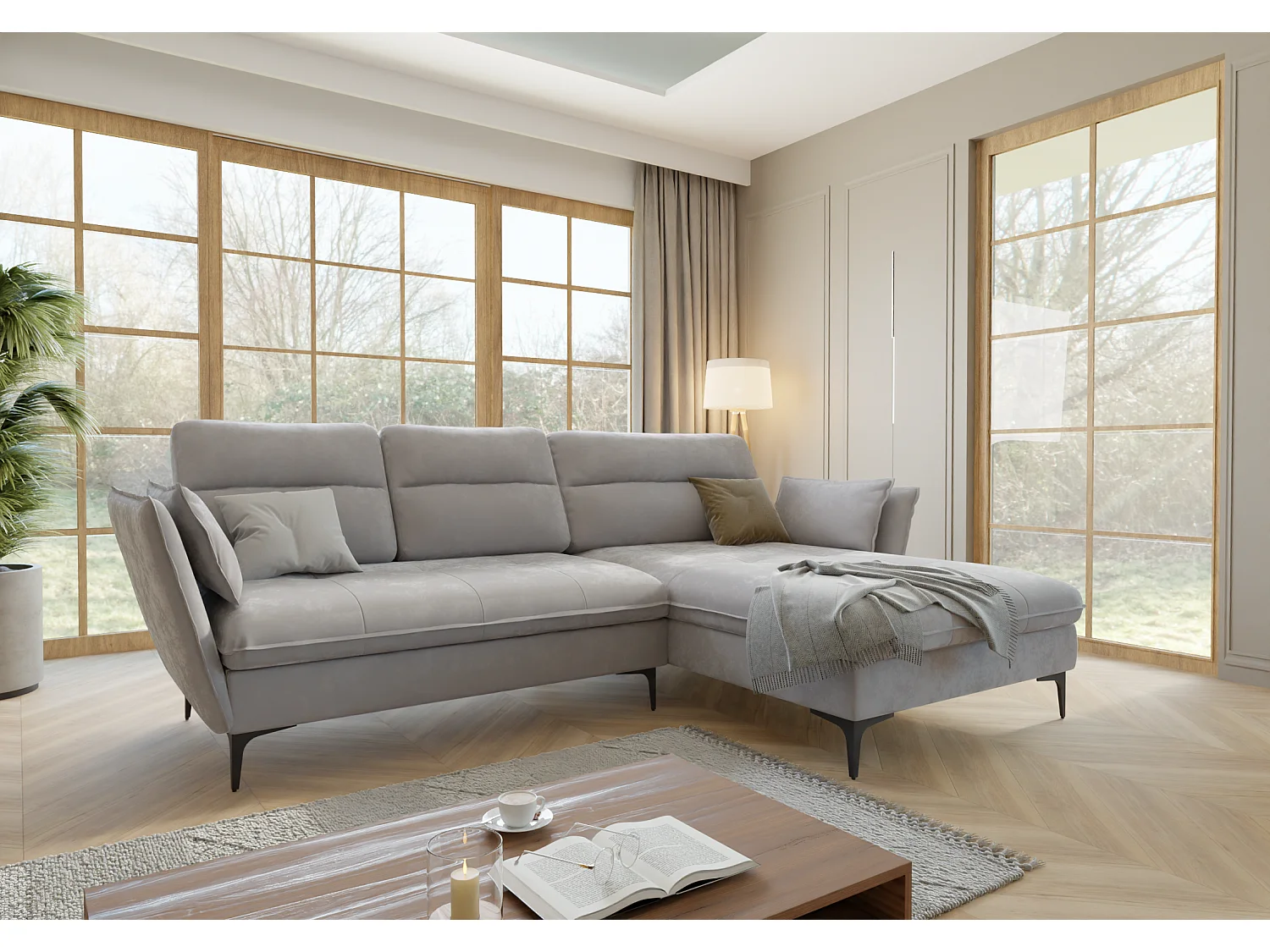 Christa Ecksofa mit Bettfunktion und Bettkasten aus Samt-Stoff mit hohen schwarzen Metallfüßen