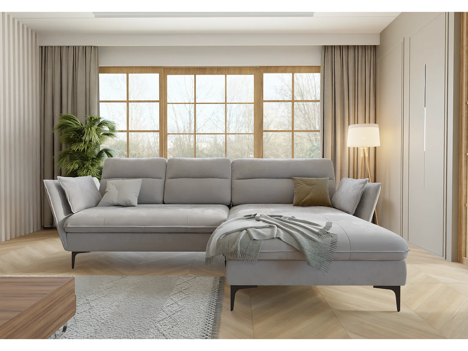 Christa Ecksofa mit Bettfunktion und Bettkasten aus Samt-Stoff mit hohen schwarzen Metallfüßen