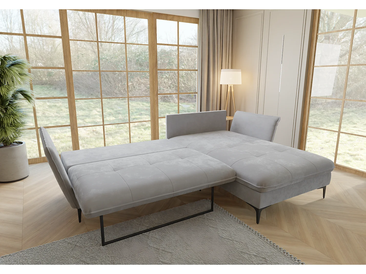 Christa Ecksofa mit Bettfunktion und Bettkasten aus Samt-Stoff mit hohen schwarzen Metallfüßen