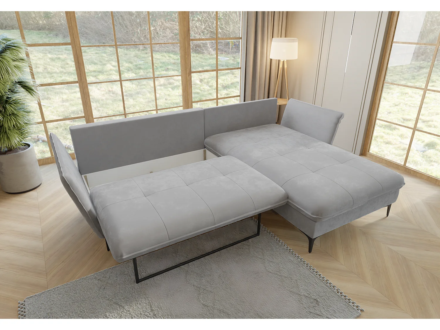 Christa Ecksofa mit Bettfunktion und Bettkasten aus Samt-Stoff mit hohen schwarzen Metallfüßen