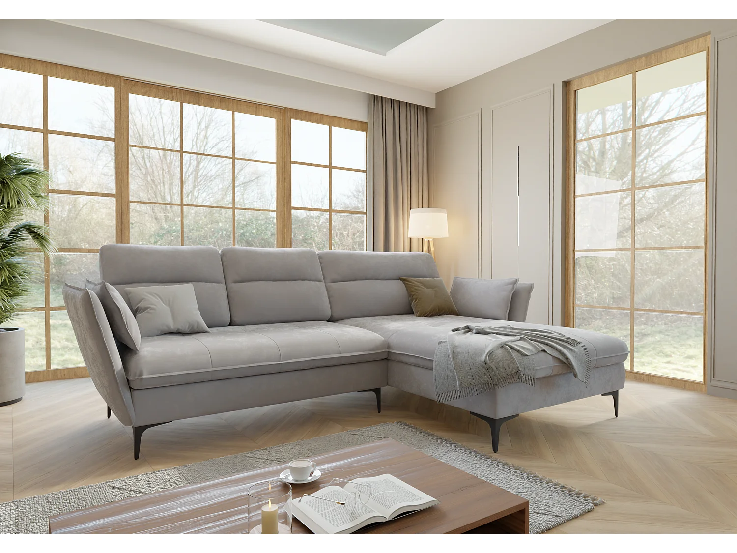 Christa Ecksofa mit Bettfunktion und Bettkasten aus Samt-Stoff mit hohen schwarzen Metallfüßen