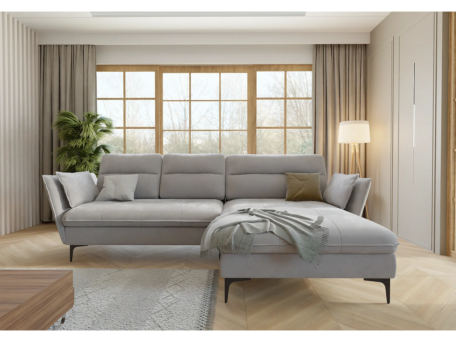 Christa Ecksofa mit Bettfunktion und Bettkasten aus Samt-Stoff mit hohen schwarzen Metallfüßen