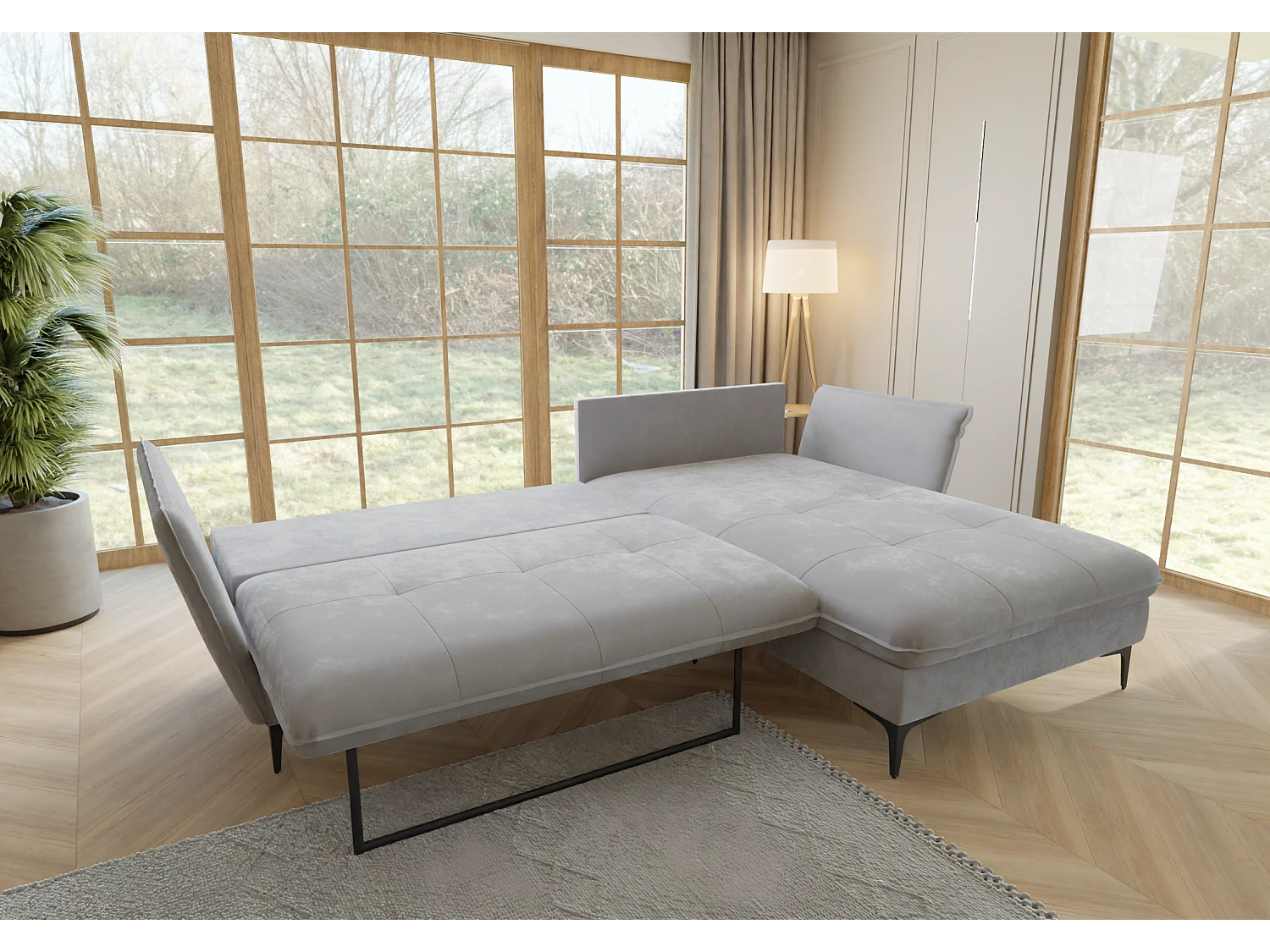 Christa Ecksofa mit Bettfunktion und Bettkasten aus Samt-Stoff mit hohen schwarzen Metallfüßen