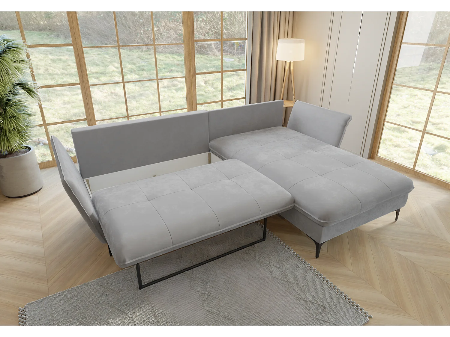 Christa Ecksofa mit Bettfunktion und Bettkasten aus Samt-Stoff mit hohen schwarzen Metallfüßen