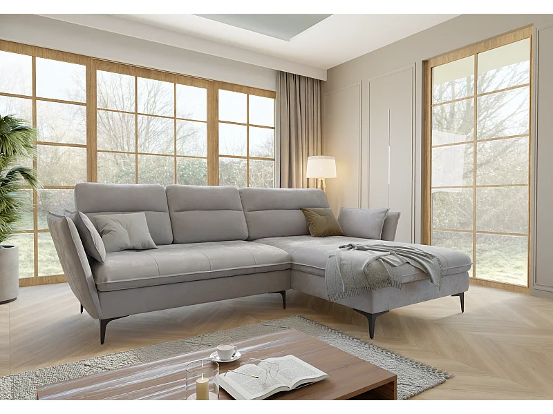 Canapé d’angle avec fonction lit et coffre de rangement, en tissu velours Christa