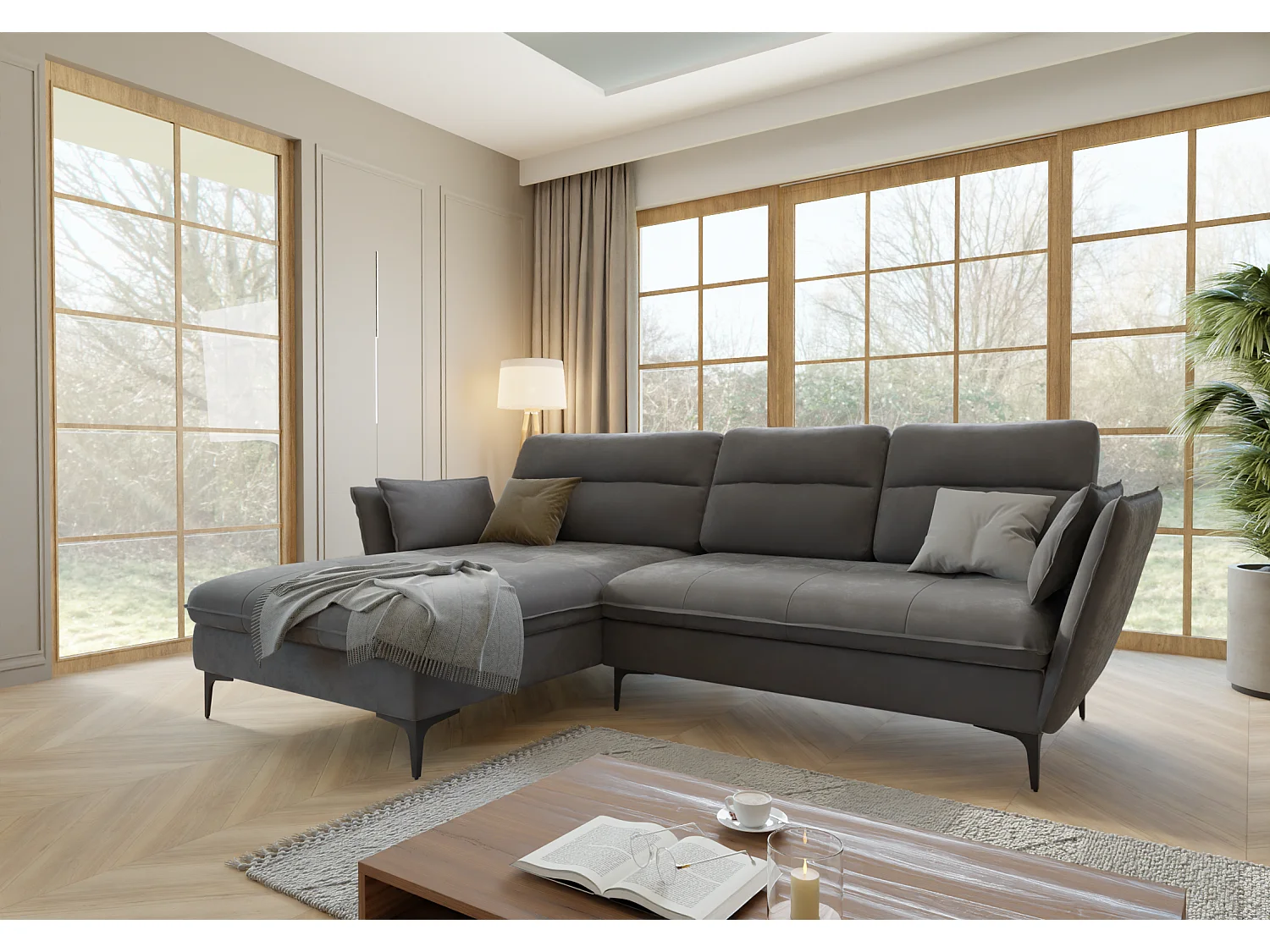 Canapé d’angle avec fonction lit et coffre de rangement, en tissu velours Christa